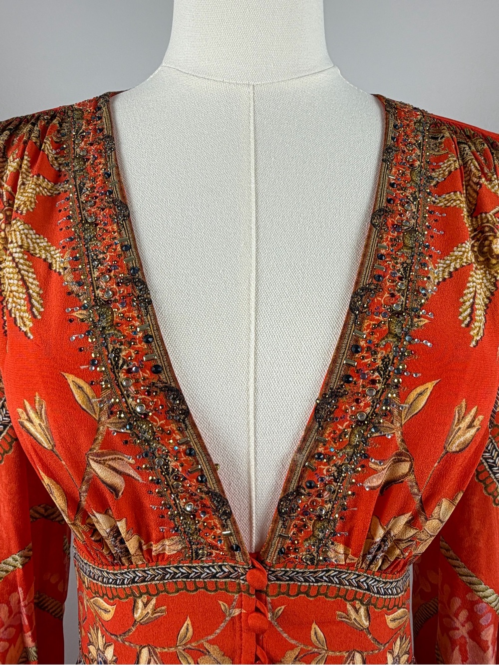 Camilla Orange Red Silk Floral Deep-V Maxi Dress - Picture 4 of 10